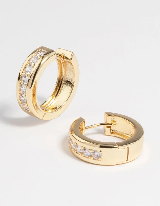 Women’s vintage-inspired earrings-Gold Plated Cubic Zirconia Encased Huggie Earrings