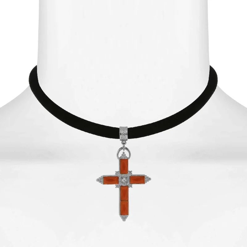 Women’s double-layer necklace-1928 Jewelry Austrian Crystal Cross Black Velvet Choker Necklace 12" + 5" Extender