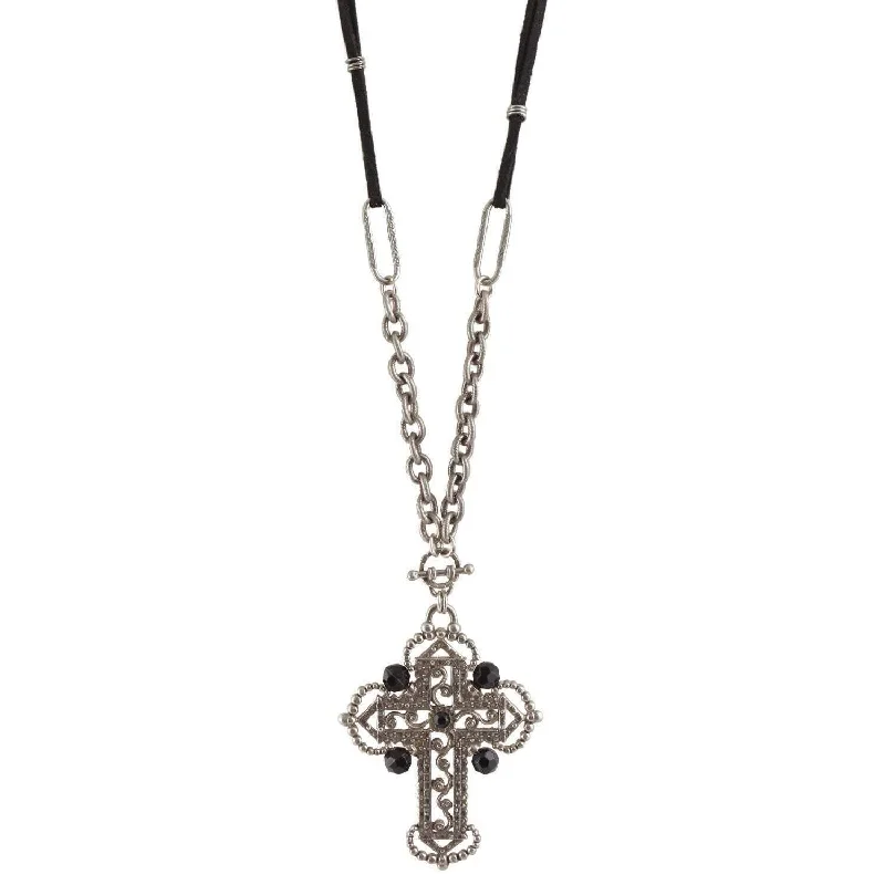 Women’s anniversary necklace-1928 Jewelry Black Bead Ornate Cross Pendant Necklace 30"