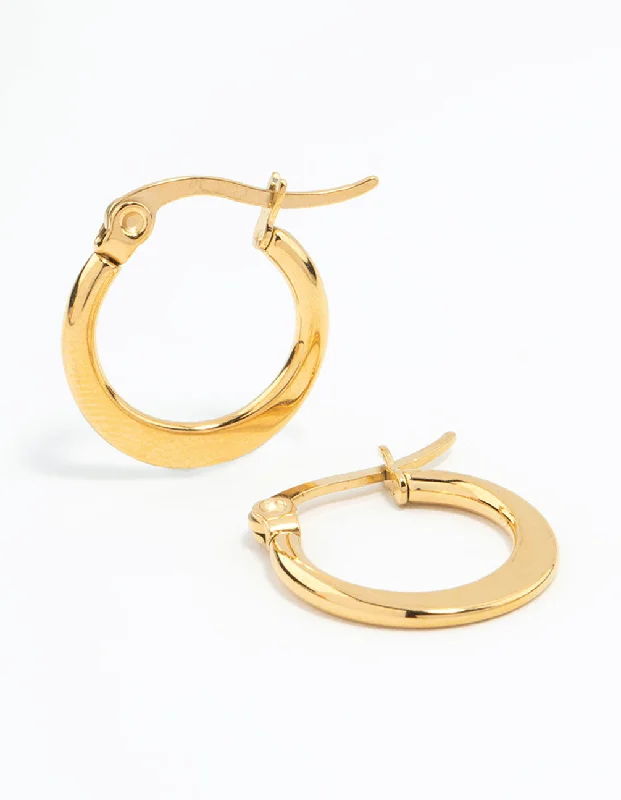 Women’s rose gold stud earrings-Waterproof Gold Plated Stainless Steel Small Flat Edge Hoop Earrings