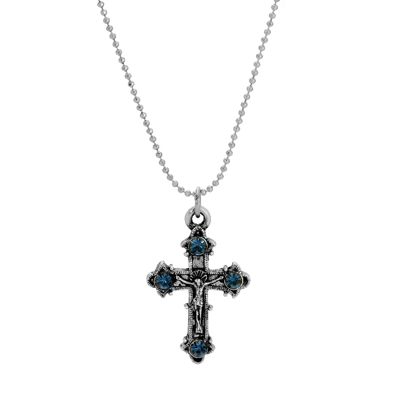 Women’s fashion necklace-Symbols Of Faith Blue Montana Crystal Crucifix Pendant Necklace 16"