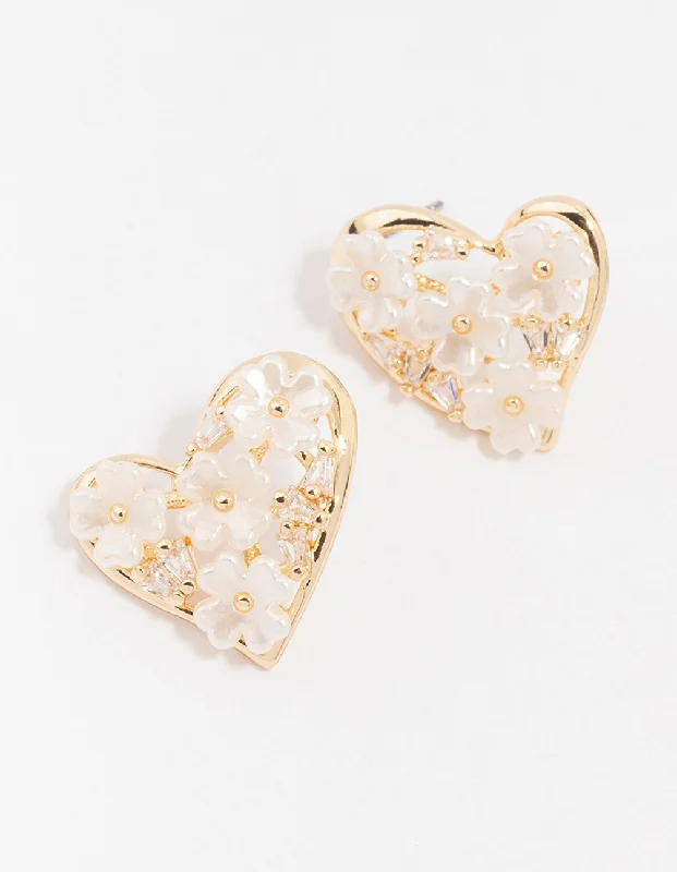 Women’s elegant drop earrings-Gold Cubic Zirconia Flower Heart Stud Earrings