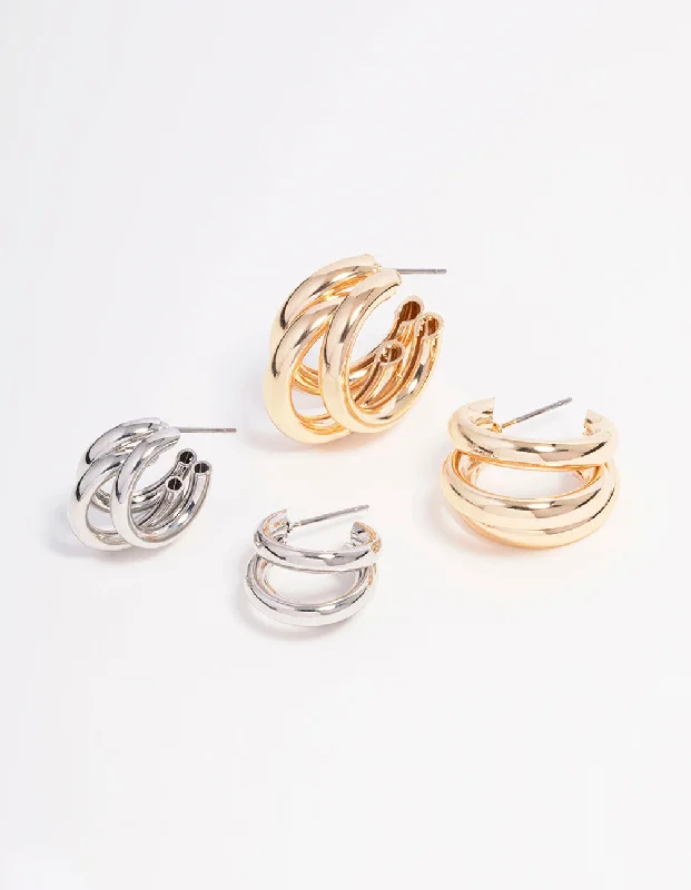 Women’s oval drop earrings-Gold & Silver Illusion Hoop Earring 2-Pack