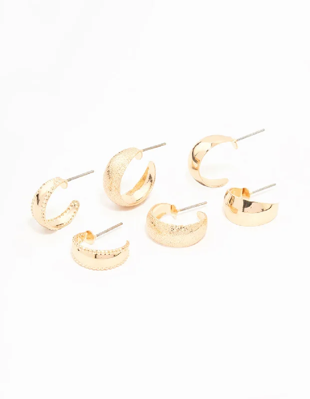 Women’s hoop earrings-Gold Hammered & Teardrop Hoop Earrings 3-Pack