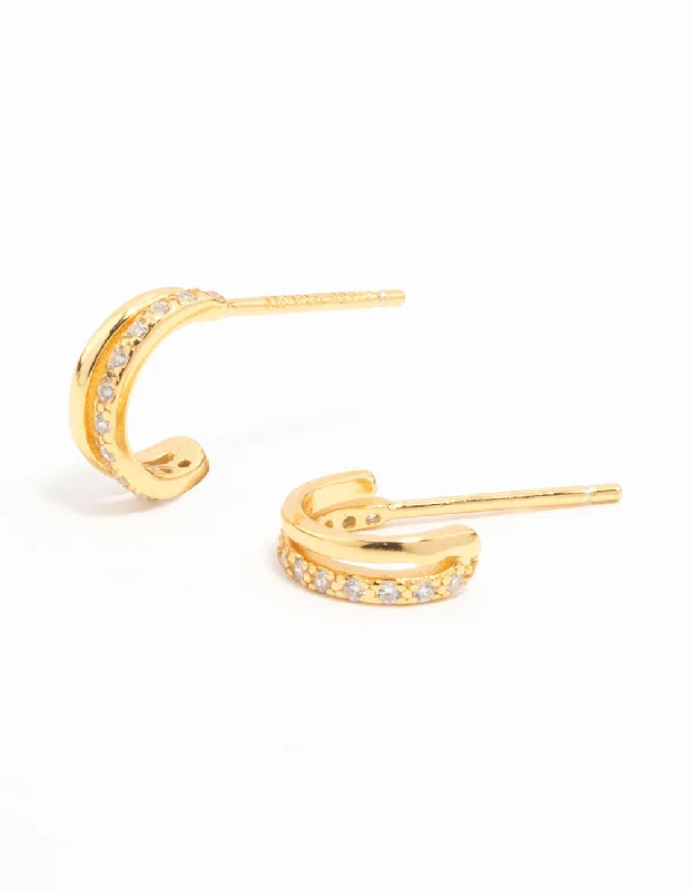 Women’s handmade silver earrings-Gold Plated Sterling Silver Double Hoop Earrings