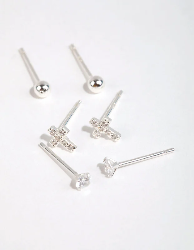 Women’s flower hoop earrings-Sterling Silver Cross & Diamante Stud Earring Pack