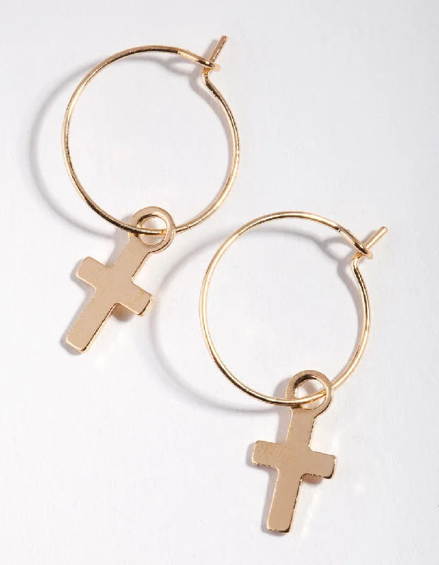 Women’s oval drop earrings-Gold Simple Cross Hoop Earrings