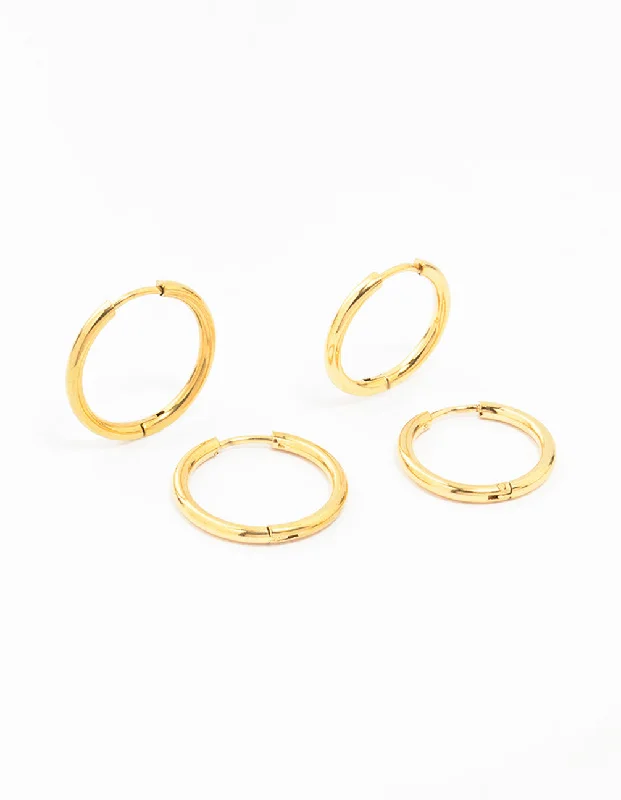 Women’s stud earrings-Waterproof Gold Plated Stainless Steel Mini Hoop Earrings 2-Pack