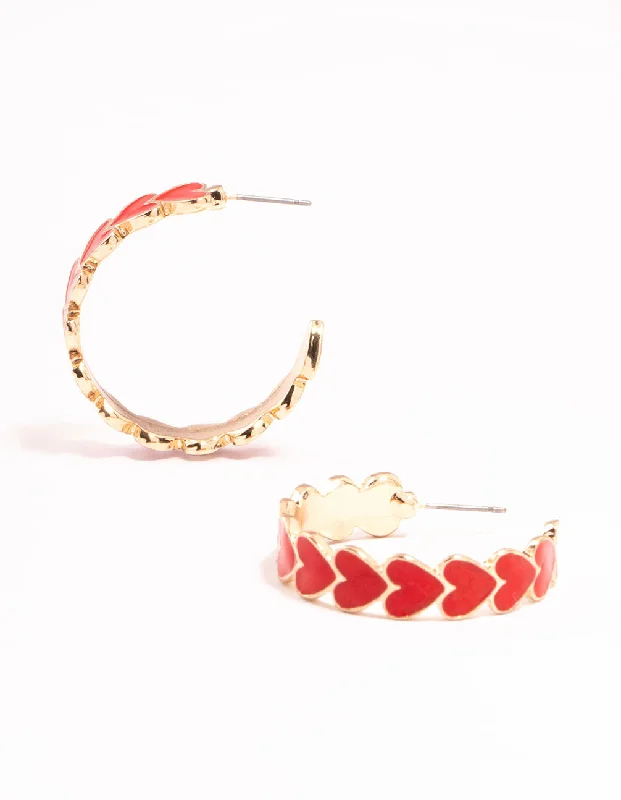 Women’s yellow gold earrings-Red Heart Enamel Hoop Earrings