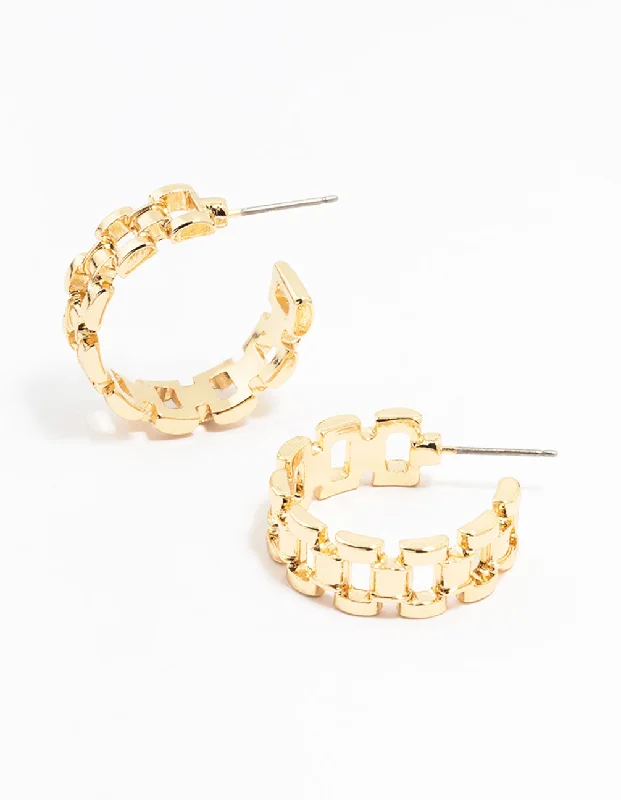 Women’s zirconia earrings-Gold Watch Strap Hoop Earrings