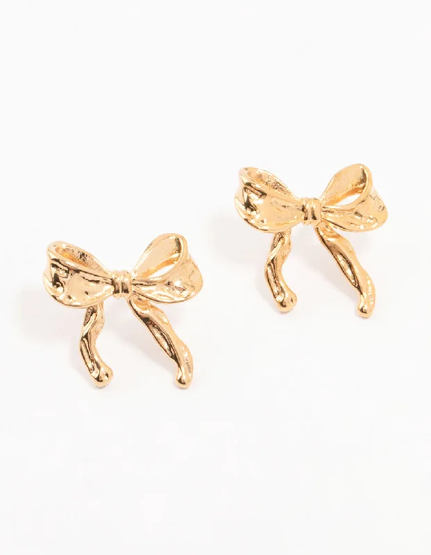 Women’s clip-on earrings-Waterproof Gold Plated Stainless Steel Molten Bow Stud Earrings