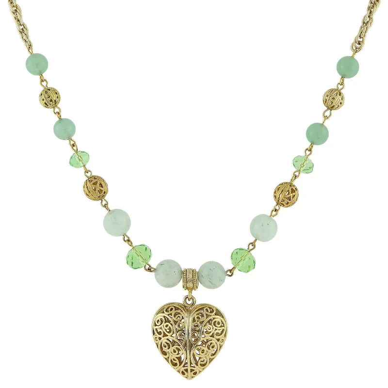 Women’s silver necklace-2028 Jewelry Gemstone Filigree Heart Pendant Necklace 16" + 3" Extender