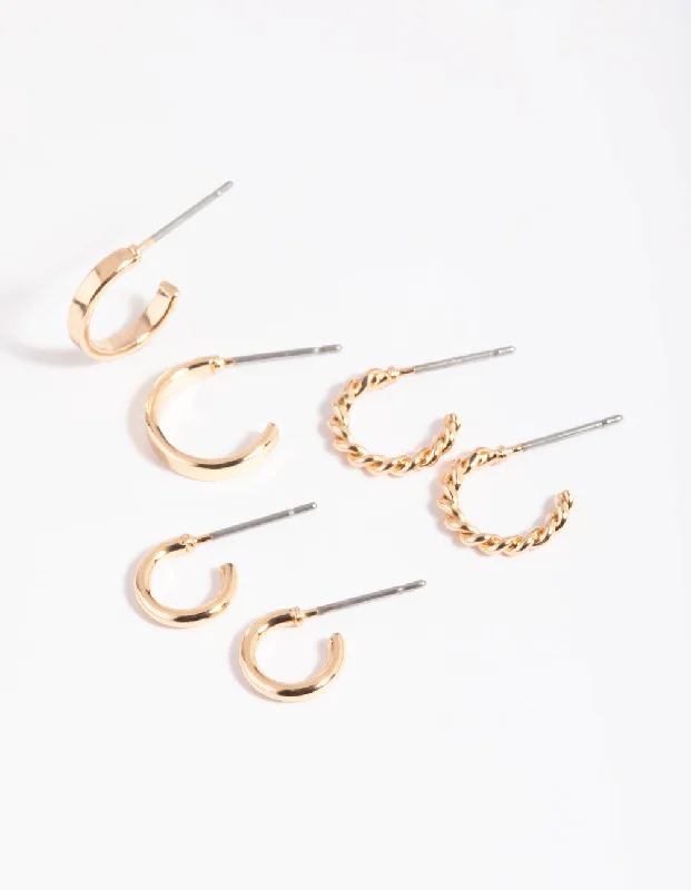 Women’s wedding earrings-Gold Plain & Twisted Hoop Earring Pack