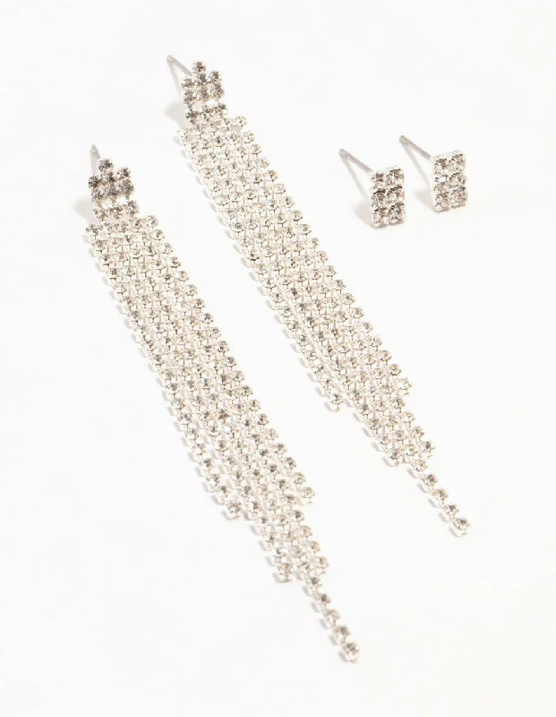 Women’s vintage drop earrings-Diamante Cup Chain Multiple Stud Silver Earrings 2-Pack