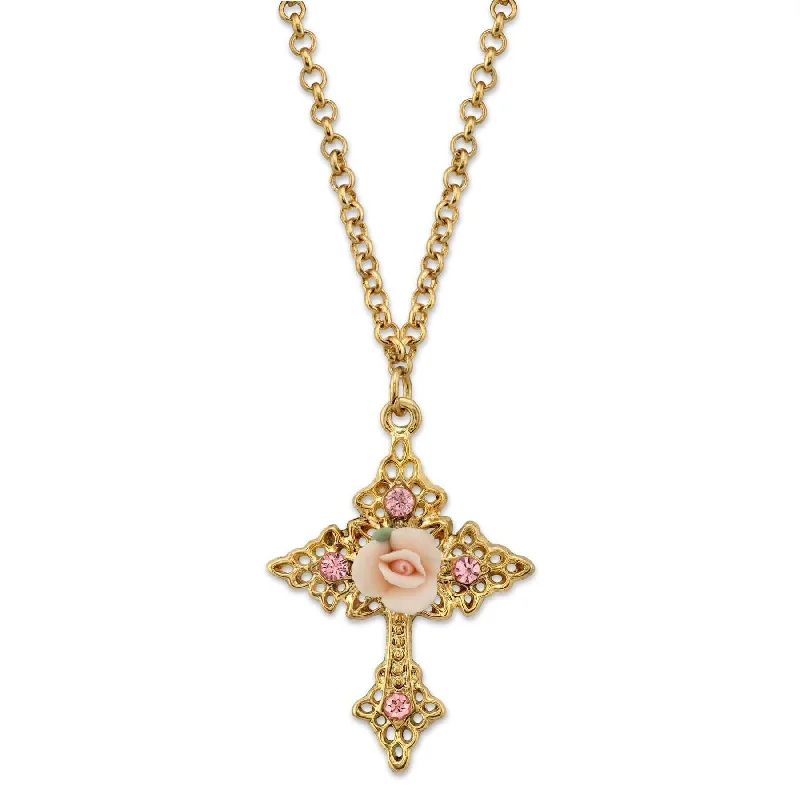 Women’s elegant diamond necklace-1928 Jewelry Porcelain Rose Cross Filigree Pendant Necklace 18" + 3" Extender