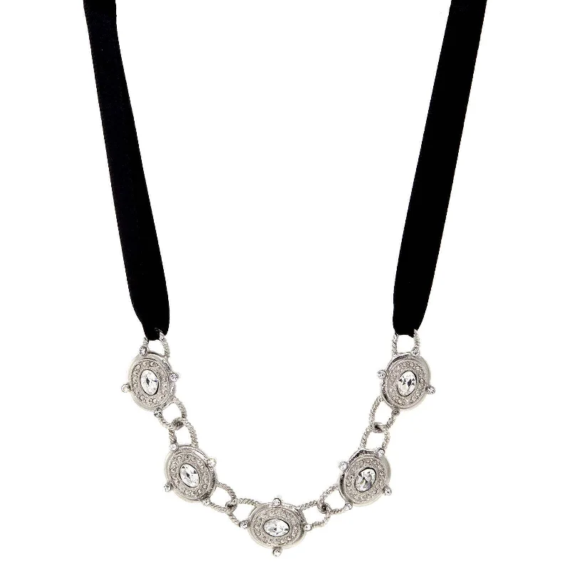 Women’s diamond solitaire necklace-1928 Jewelry Black Ribbon Celestial Crystal Necklace 13" + 5" Extension Chain