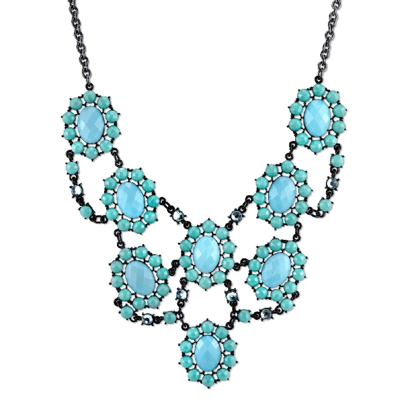 Women’s silver necklace-2028 Jewelry Turquoise And Aqua Faceted Stone Bib Necklace 16" + 3" Extender