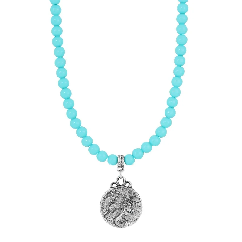 Women’s double-layer necklace-1928 Jewelry Turquoise Beaded Strand Horse Pendant Necklace 15" + 3" Extender