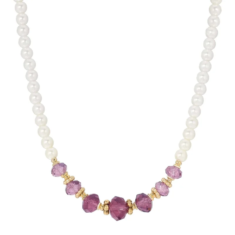 Women’s pearl and diamond necklace-1928 Jewelry Amethyst Purple Glass Bead Faux Pearl Strand Necklace 15" + 3" Extension