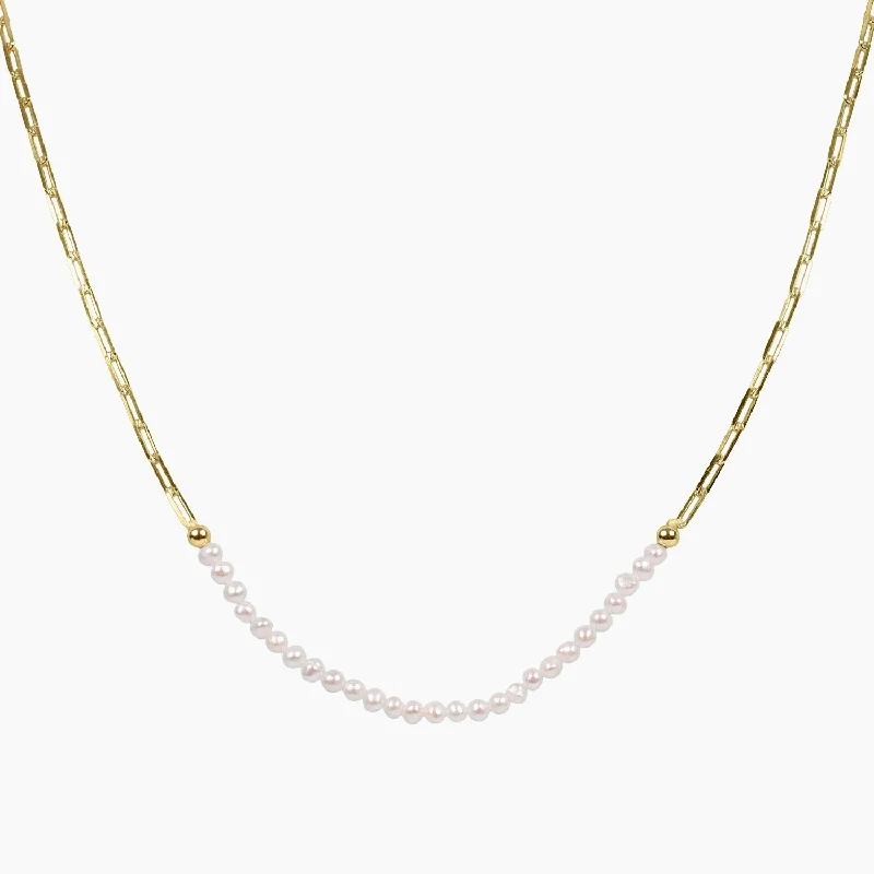 Women’s simple gold necklace-Freshwater Pearl & Gold Paperclip Chain Necklace