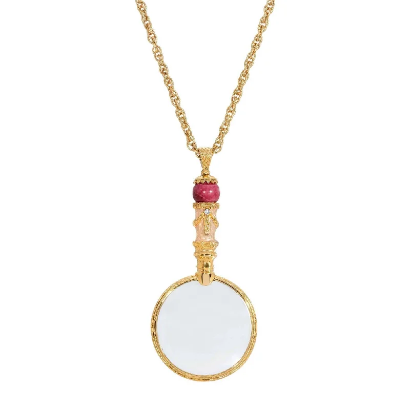 Women’s adjustable necklace-1928 Jewelry Deco Magnifying Glass Maroon Howlite Gemstone Light Peach Enamel Pendant Necklace 30" - Magnification Power: 1-2X