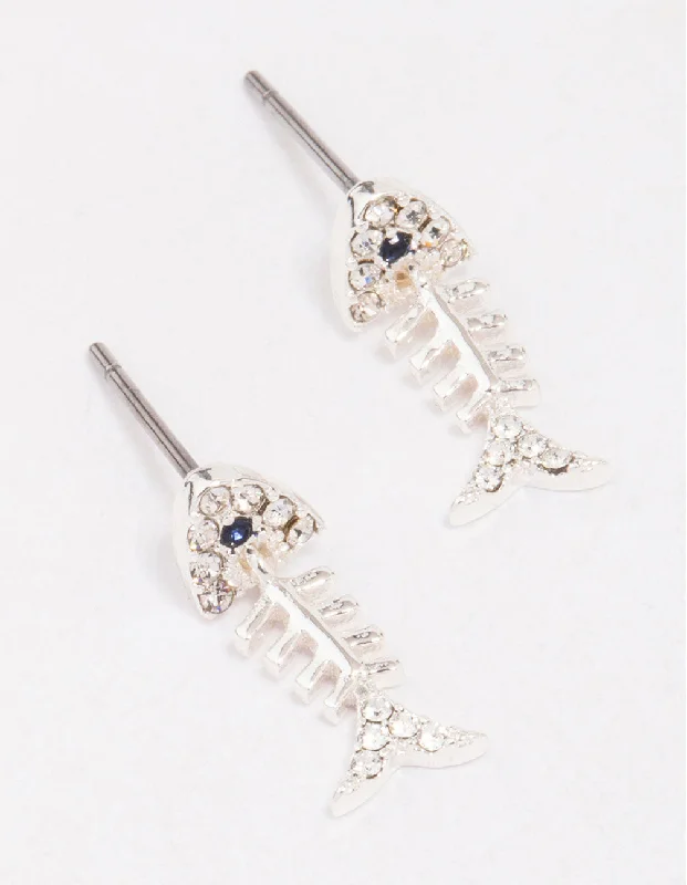 Women’s silver drop earrings-Silver Skeleton Fish Stud Earrings