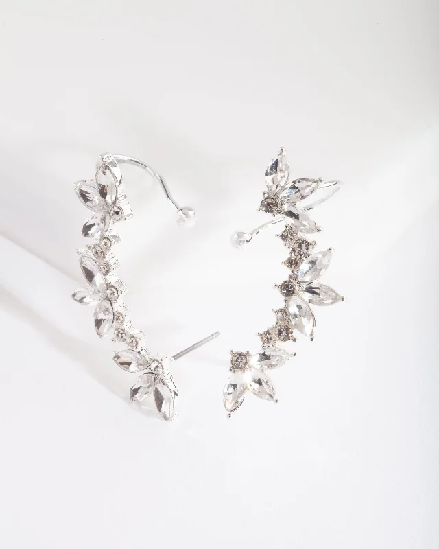 Women’s modern earrings-Silver Diamante Leaf Ear Cuff