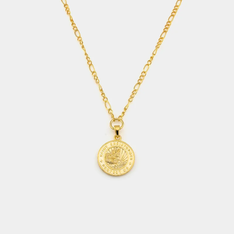 Women’s gemstone pendant necklace-Gold St. Christopher Figaro Medallion