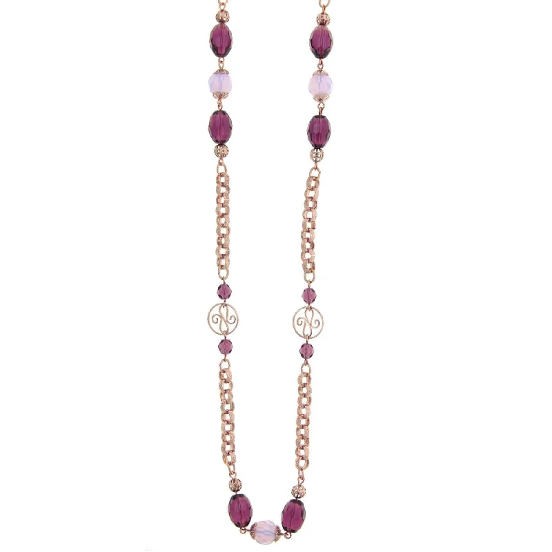 Women’s vintage gold necklace-1928 Jewelry Amethyst Bead Round Pink Opal & Filigree Beaded Necklace 48"