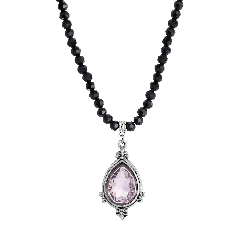 Women’s sterling silver necklace-1928 Jewelry Amethyst Pear Shape Pendant & Black Glass Beaded Necklace 18"