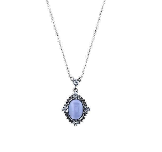 Women’s twisted chain necklace-1928 Jewelry Light Sapphire Crystal Oval Blue Moonstone Pendant Necklace 16" + 3" Extension