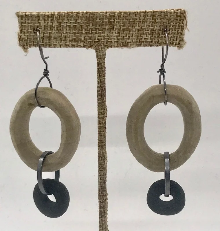 Women’s circular earrings-Carved Wood Oval and Rock Earring