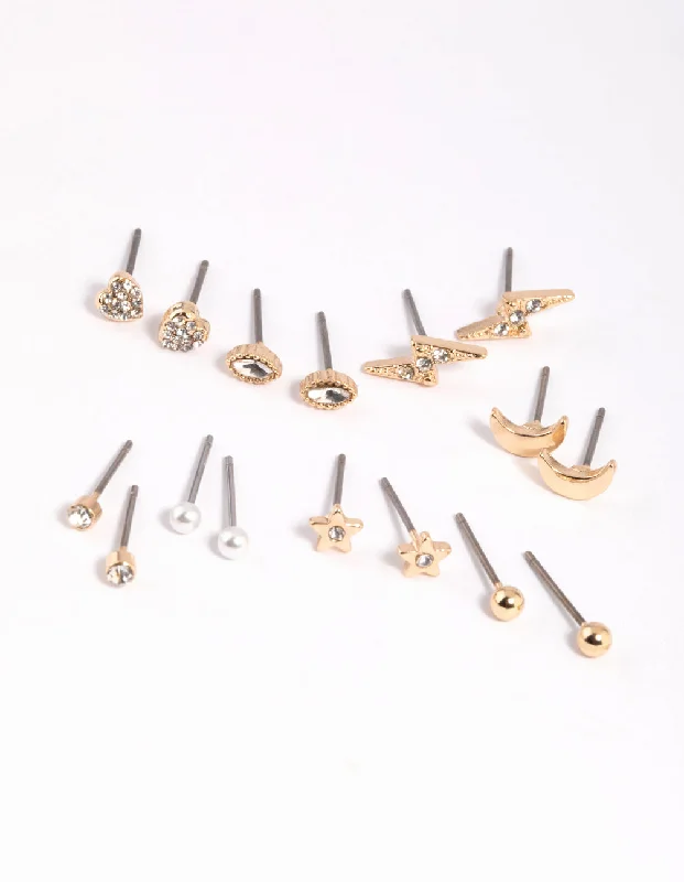 Women’s gold-plated hoop earrings-Gold Celestial Pearl Stud Earring 8-Pack