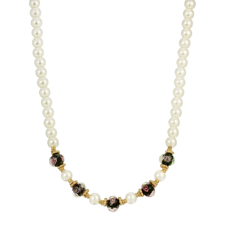 Women’s inspirational necklace-1928 Jewelry 8mm Faux Pearl Strand And Black Bel Fiore Beaded Necklace 15" + 3" Extender