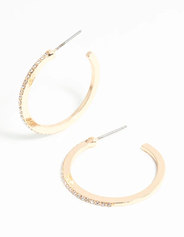 Women’s tiny stud earrings-Gold Thin Diamante Hoop Earrings