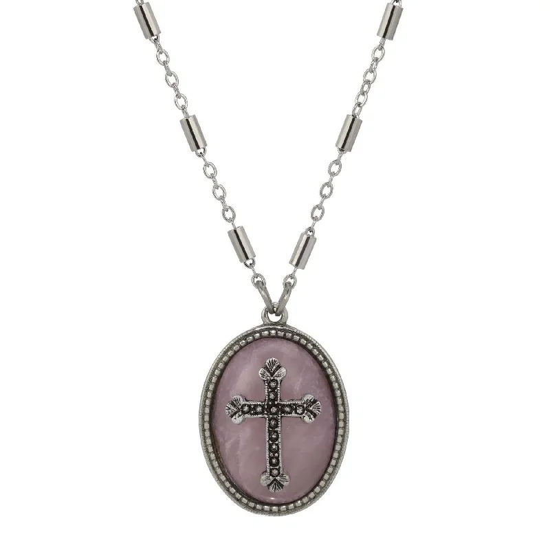 Women’s gold necklace-Symbols Of Faith Oval Gemstone & Budded Cross Pendant Necklace 18"