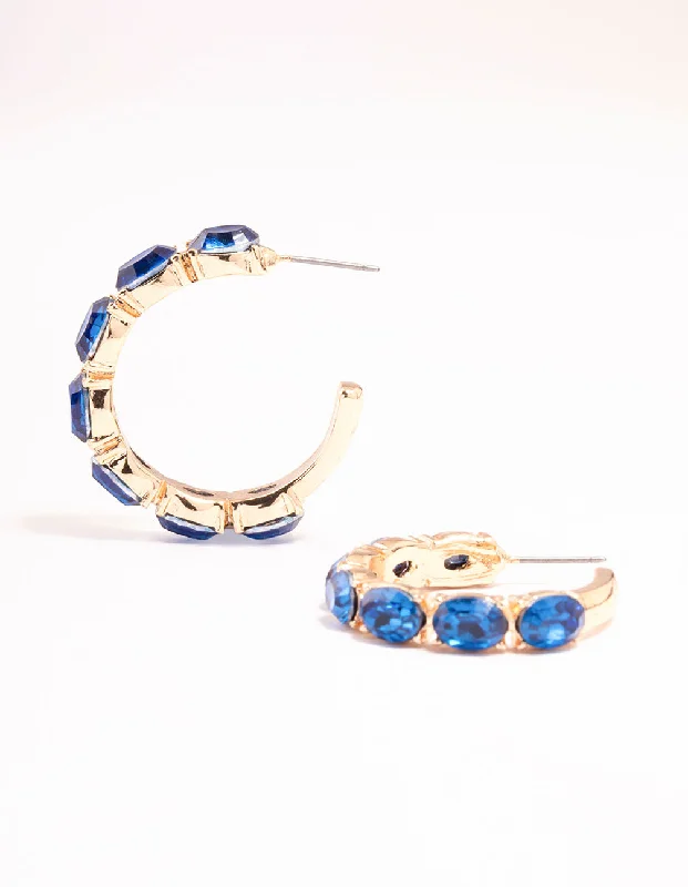 Women’s fashion drop earrings-Gold Oval Blue Diamante Hoop Earrings