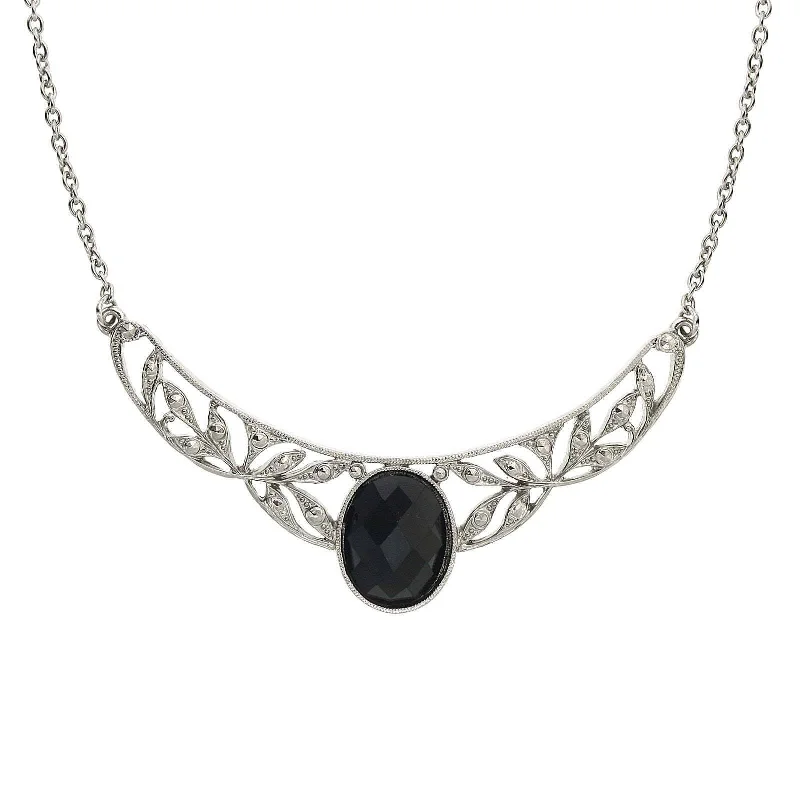 Women’s layered gold necklace-1928 Jewelry Black Stone Marcasite-Look Collar Necklace 16" + 3" Extender