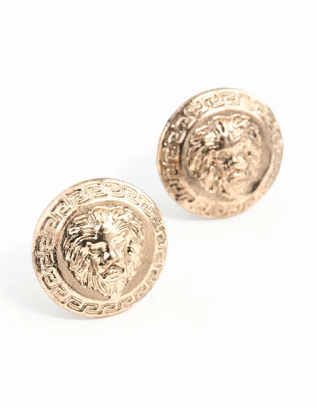 Women’s elegant hoop earrings-Antique Gold Lion Stud Earrings