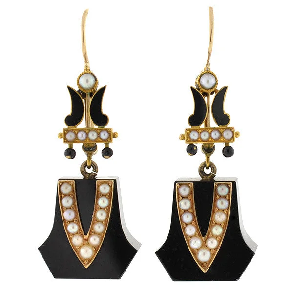 Women’s elegant hoop earrings-Victorian 15kt Onyx, Seed Pearl & Enamel Earrings