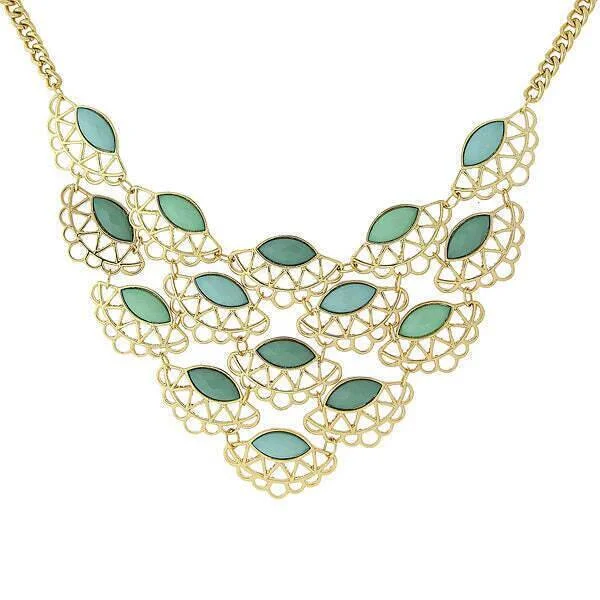 Women’s flower necklace-1928 Jewelry Turquoise Stone Filigree Bib Necklace 16" + 3" Extension