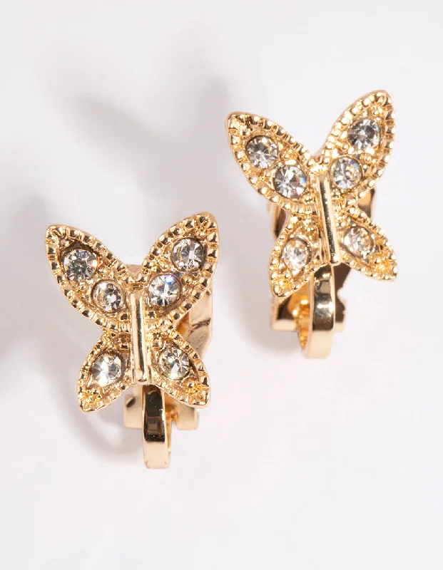 Women’s bohemian earrings-Gold Diamante Butterfly Clip-On Earrings