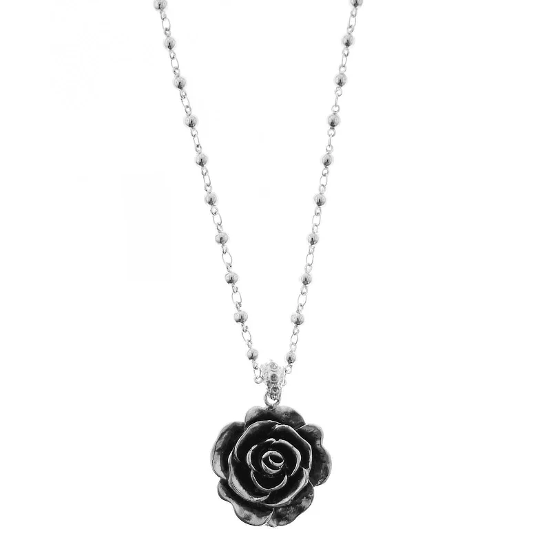 Women’s adjustable necklace-2028 Jewelry Antiqued Flower Pendant Beaded Necklace 14" + 3" Extender