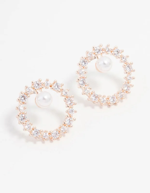 Women’s bold earrings-Rose Gold Plated Cubic Zirconia With Pearl Wreath Earrings