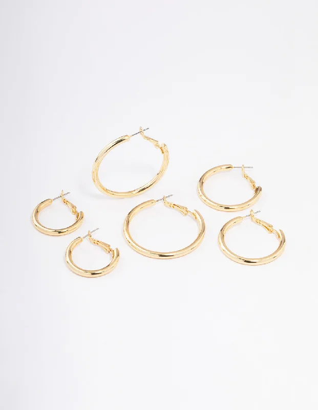 Women’s heart-shaped earrings-Gold Plated Basic Thick Hoop Earrings Pack