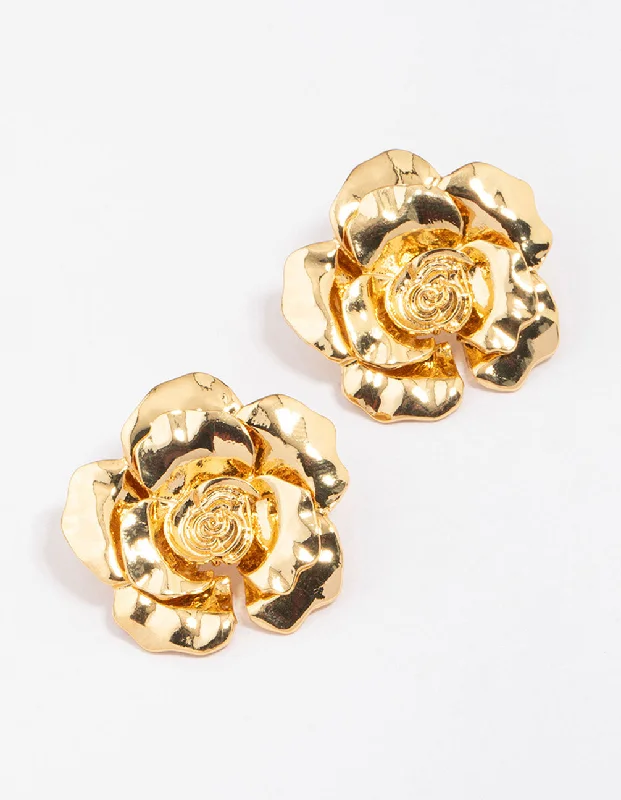 Women’s flower hoop earrings-Gold Plated Rose Large Stud Earrings