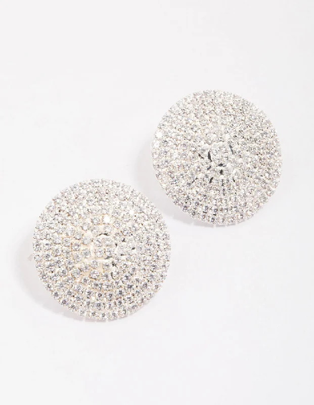 Women’s luxury earrings-Silver Cubic Zirconia Statement Round Stud Earrings