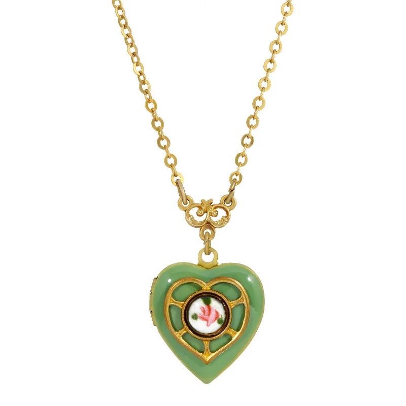 Women’s vintage gold necklace-1928 Jewelry Heart Picture Locket Pink Rose Necklace 16" + 3" Extender