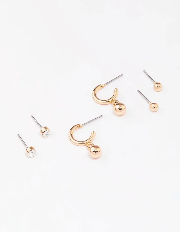 Women’s statement earrings-Gold Diamante Ball Hoop Earring 3-Pack