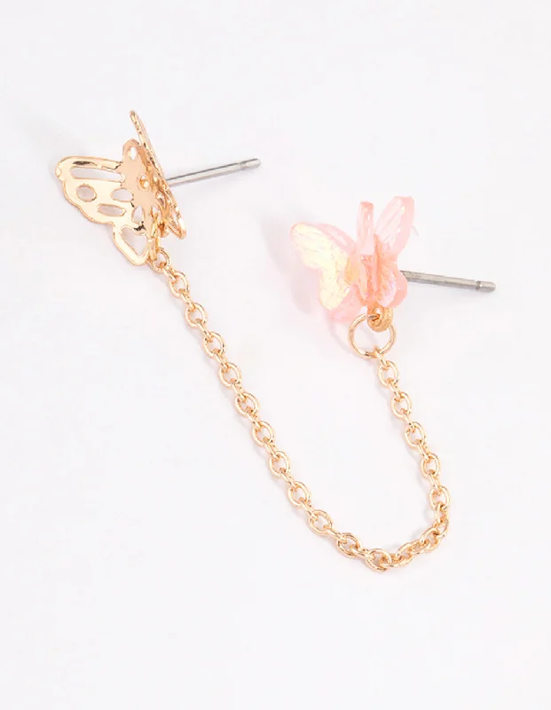 Women’s chandelier earrings-Gold Double Butterfly Chain Earrings